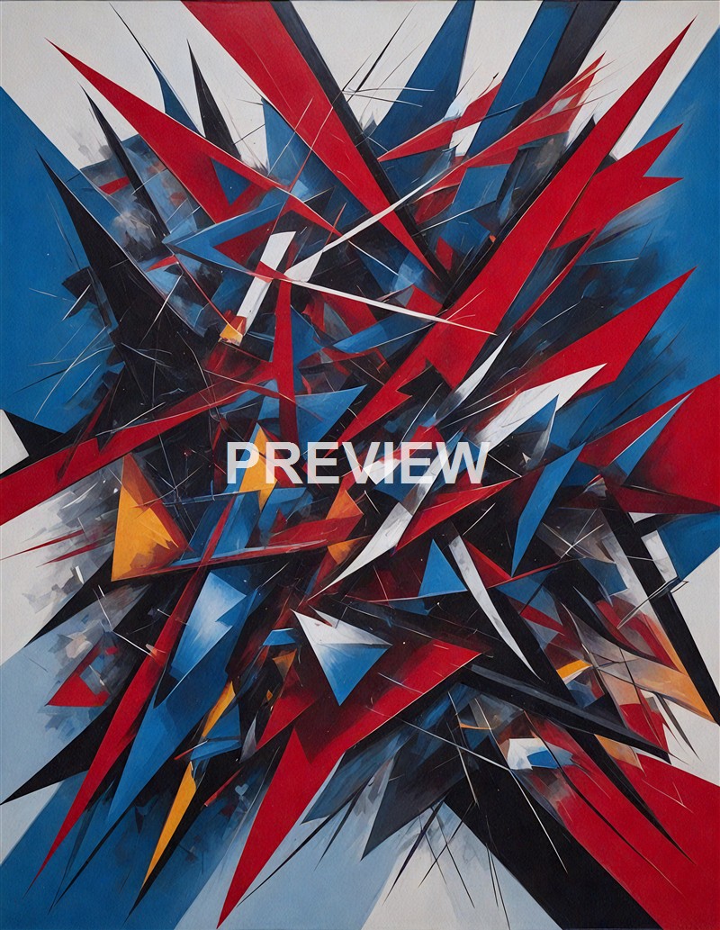 An abstract painting featuring a dynamic explosion of sharp, angular shapes in red, black, blue, white, and yellow, creating a sense of movement and chaos.
